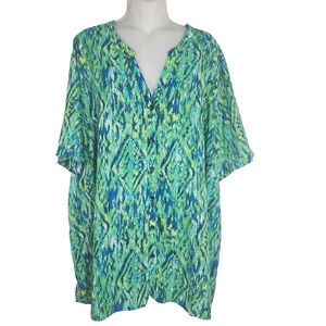 Catherines Womens Shirt Plus Size 4X Green Diamond Abstract Short Sleeve Button